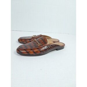Sam Edelman Women Sz 6.5 Croc Embossed Leather Slip On Mules Linnie Flats Brown